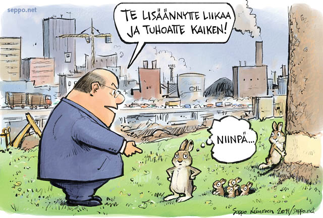  Ihminen ja kanit, keywords:
 citykani kani ihminen liikalisääntyminen tuho tuholainen kasvu ongelma pilapiirros