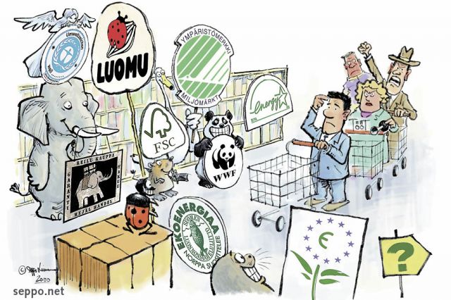  Ekomerkit kaupassa, keywords:
 ekomerkki ympristmerkki luomu joutsenmerkki metssertifiointi ekoenergia EU:n kukkamerkki reilu kauppa myyml tuotemerkit kuluttaja ostoskrry kulutusvalinta hmnnys pilapiirros