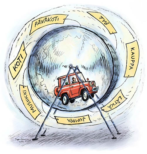  Autoilun oravanpyörä, keywords:
 auto yksityisauto autoilu oravanpyörä arki liikenne liikkuminen ilmasto ympäristö piirros pilapiirros
