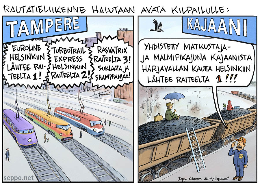 Rautateiden yksityistäminen, keywords: rautatie valtion rautatiet yksityistäminen kilpailu kilpailutus raideliikenne Tampere Helsinki Kajaani voitot syrjäseutu kannattavuus kansantalous pilapiirros