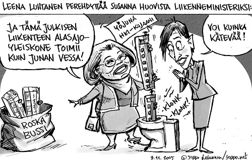  Yöjuna Kajaaniin ajetaan alas, keywords:  Leena Luhtanen Susanna Huovinen julkinen liikenne alasajo juna yöjuna yöjunakapina junan vessa lakkauttaminen pilapiirros