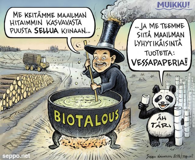  Biotalous tuottaa puusta halpaa bulkkia, keywords:
 biotalous sellu sellunkeitto sellutahdas maailman hitaimmin kasvava puu vessapaperi Kiina panda jalostusaste monimuotoisuus tukiaiset piirros