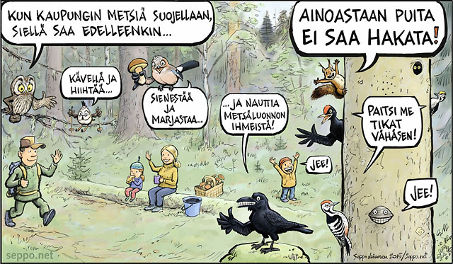  Kaupupunkimetsien suojelu, keywords:
 metsä kaupunki kaupunkimetsä lähimetsä luonto suojelu hiihto kävely marjastus sienestys retkeily virkistys hakkuu helmipöllö töyhtötiainen kuukkeli korppi palokärki pohjantikka orava pilapiirros