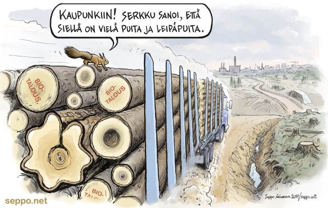  Orava muuttaa kaupunkiin, keywords:
 orava suojelualue monimuotoisuus hakkuut biotalous kaupunki ruoka suoja tukkirekka poltto tehdas sellu Sciurus vulgaris pilapiirtos