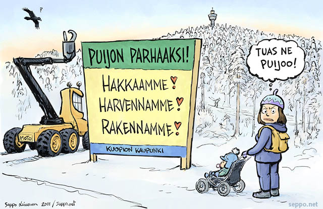  Puijoa hakataan harvennetaan ja rakennetaan, keywords:
 Puijo kaupunkimetsä vanha metsä hakkuut luonnonsuojelualue monimuotoisuus aarniometsä uhanalaiset lajit virkistys ulkoilu hiihto luonto luontoarvot piirros
