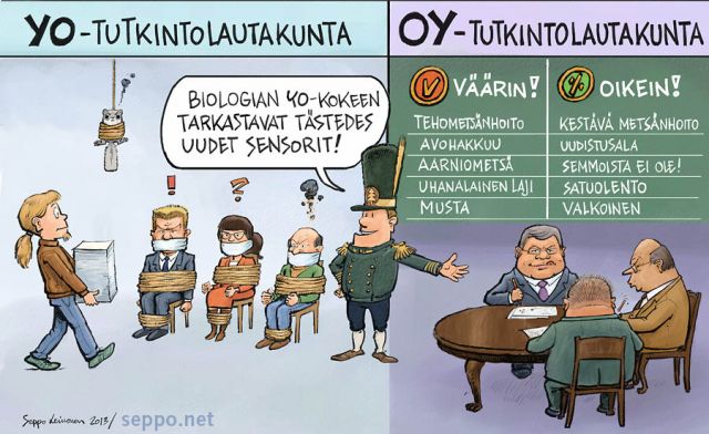  Biologian ylioppilaskoe ja metsätalous, keywords:
 metsä tehometsänhoito ylioppilaskirjoitus biologia metsäteollisuus tiede uskomus uhanalainen laji pilapiirros