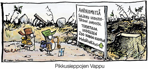  Pikkusieppojen Vappu, keywords:
 pikkusieppo vappu avohakkuu kevät vanha metsä metsähallitus Ficedula parva pilapiirros