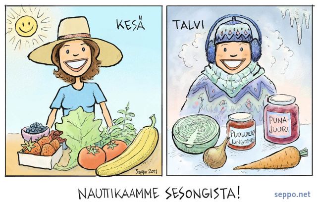  Suosi sesongin mukaista ruokaa, keywords:
 ruoka sesonki kesä talvi tuore säilötty säilyke ilmasto ympäristö kestävä kokkaus kokki ravinto keittiö raaka-aine vihannes piirros