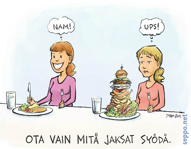  Vältä biojätettä - ota ruokaa sopivasti, keywords:
 biojäte ruokajäte ruoka ruokailu sopivasti sopiva ateria kohtuus ympäristövaikutus tuhlaus piirros