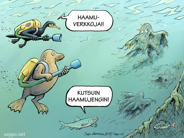  Haamuverkot, keywords:
 EU Helcom Itämeri ahven busters ghost haamu haamujengi haamuverkko halli jäte kala kalasto kalastus meri merimetso merten suojelu muoviroska net pilapiirros silakka verkko