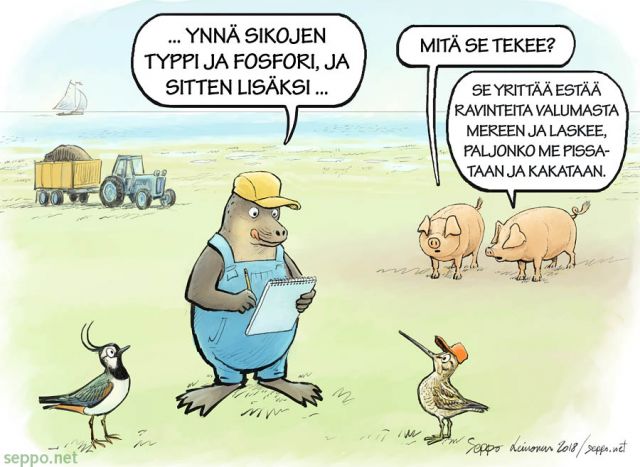  Itämeri - Maatalouden päästöt - vähentäminen, keywords:
 EU Helcom Itämeri fosfori halli jäte kakka lanta lannoitteet maatalous meri merten suojelu nauta peräkärry pilapiirros pissa purjevene päästöt rehevöityminen sika taivaanvuohi torjunta-aineet traktori typpi töy