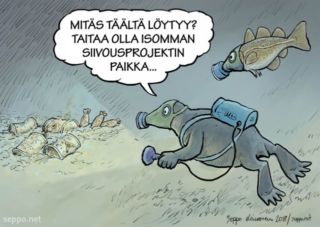  Merenpohjaan dumpatut myrkylliset jätteet, keywords:
 EU Helcom Itämeri ammus dumppaus halli jäte kemiallinen ase kemikaali merenpohja meri merten suojelu myrkky myrkkytynnyri ongelmajäte pilapiirros puhdistaminen turska tynnyri vaarallinen
