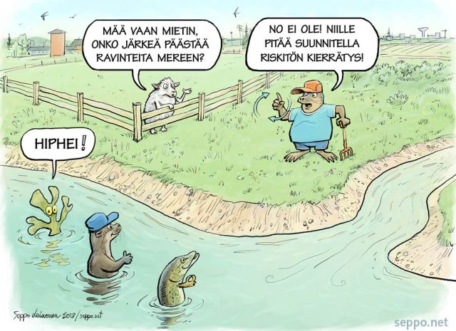  Itämeri - ravinteet kiertoon ei mereen, keywords:
 EU Helcom Itämeri asutus fosfori hauki jäte jätteet kala kalasto kalastus kierrätys lammas lannoitteet maatalous meri merten suojelu pilapiirros rakkolev ravinteet rehevöityminen saukko typpi