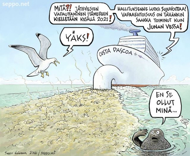 Itämeri - risteilijä ja jätevesien dumppaus, keywords:
 Itämeri risteilijä puhdistamaton jätevesi meri dumppaus saastuminen ravinteet tyhjennys satama laivaliikenne harmaalokki Larus argentatus norppa Pusa hispida vessa uloste septitankki sääntö Suomi sujuvoittaminen vapaaehtoisuu