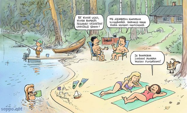  Kesämökkiläisen ekovinkkejä, keywords:
 ekoteko kesä loma luonnonvarojen säästö perhe pilapiirros ympäristöystävällinen ympäristöä säästävä mökki hiekkaranta vesiensuojelu vesivessa kompostoiva kuivakäymälä kierrätys