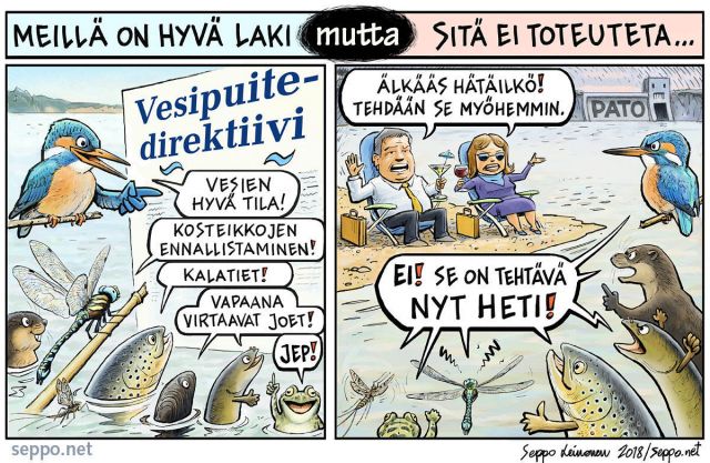  EU:n vesilaki on hyvä - mutta sitä ei toteuteta, keywords:
 EU ankerias hyvä joki järvi kalatie kosteikot kuningaskalastaja monimuotoisuus pato pilapiirros raakku ravinteet sammakko saukko sisävesi sudenkorento surviainen taimen tila vesilaki vesimyyrä vesipuitedirektiivi vesistöt vesivoima ympäristövirtaama